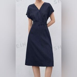 SHEIN BIZwear Striped Batwing Sleeve Belted Dress Workwear
